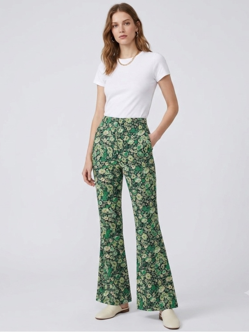ZARA Women Size Small Pants Green Floral Print Flare Pull On High Rise Stretch